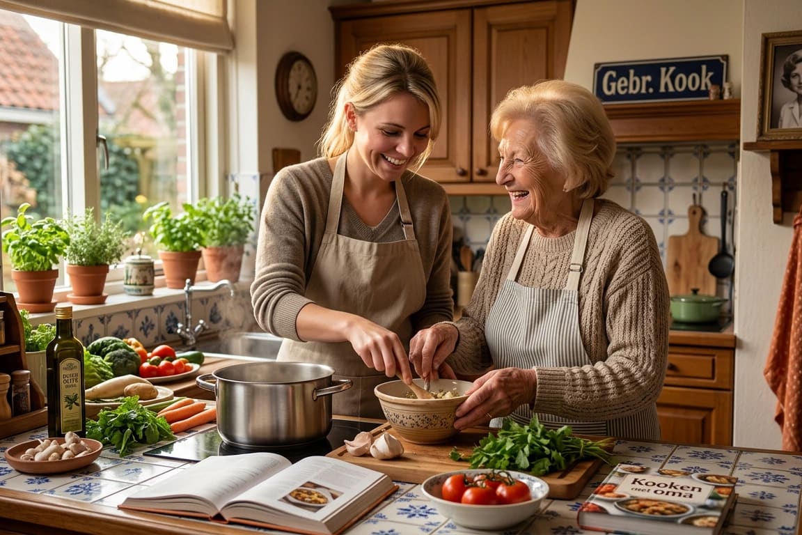 Helper en senior koken samen in een warme keuken